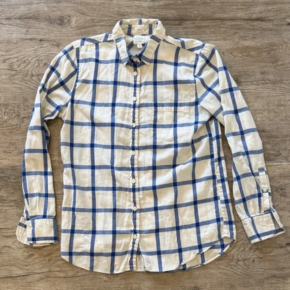 J. Crew Factory Blue and Cream Plaid Women's Button Down Shirt - Picture 1 of 3